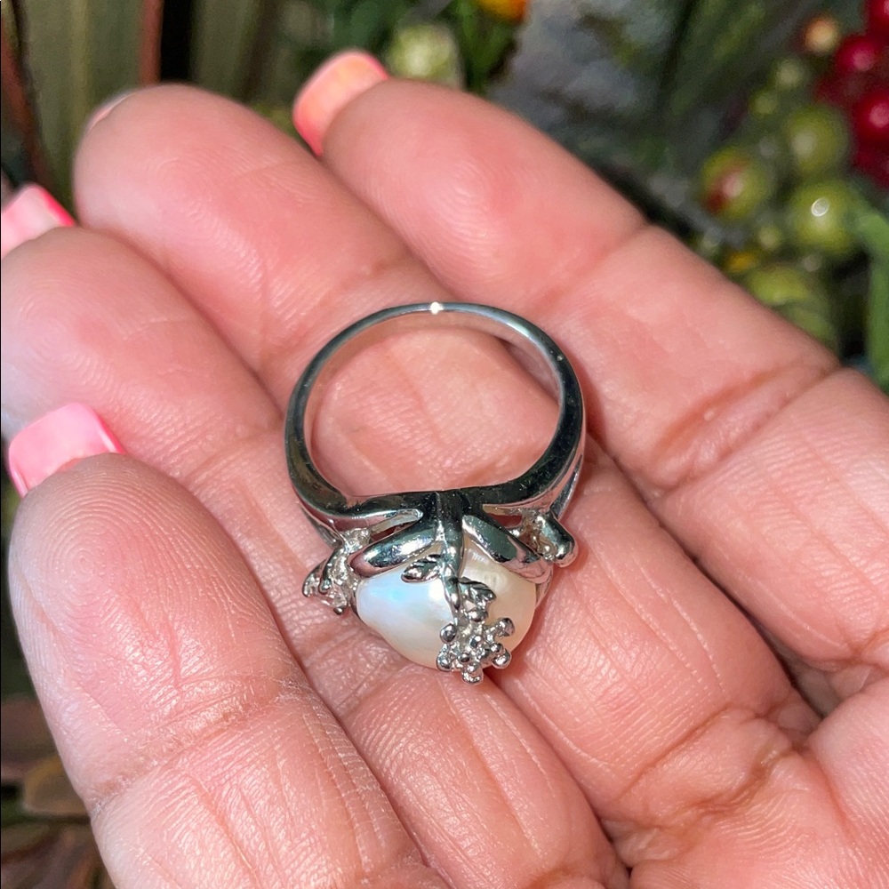 Elegant Baroque Freshwater Pearl Ring with diamond chips .925 silver Ring SZ 8 - Picture 7 of 12